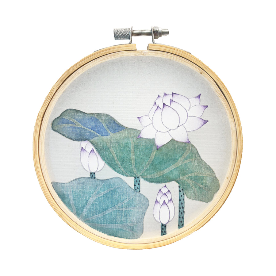 Lotus pond Original Illustration, Korean Traditional Painting, Minhwa, Embroidery Frame Silk Painting, gallery wall art, handpainted(5-inches)