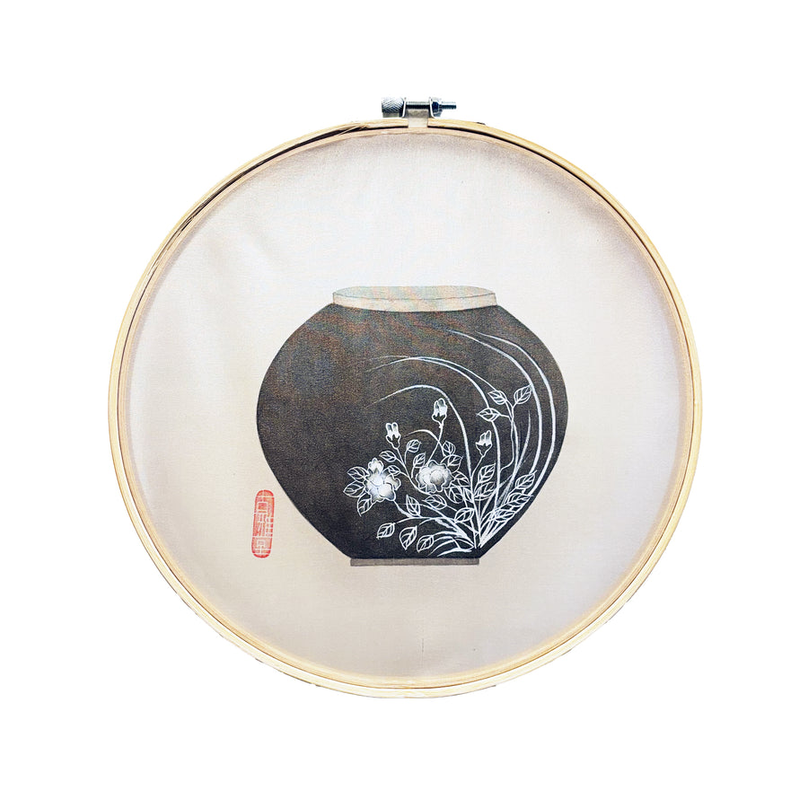 Sweet Stillness – Hand Painted Honey Jar Minhwa on Silk with Bamboo Frame(10-inches)
