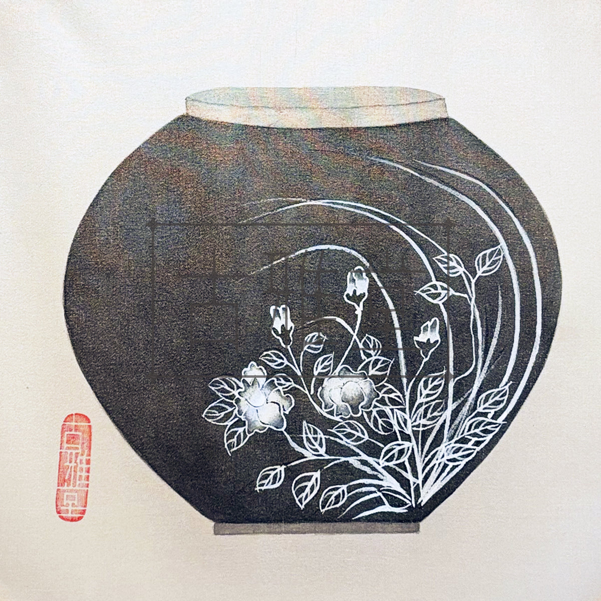 Sweet Stillness – Hand Painted Honey Jar Minhwa on Silk with Bamboo Frame(10-inches)