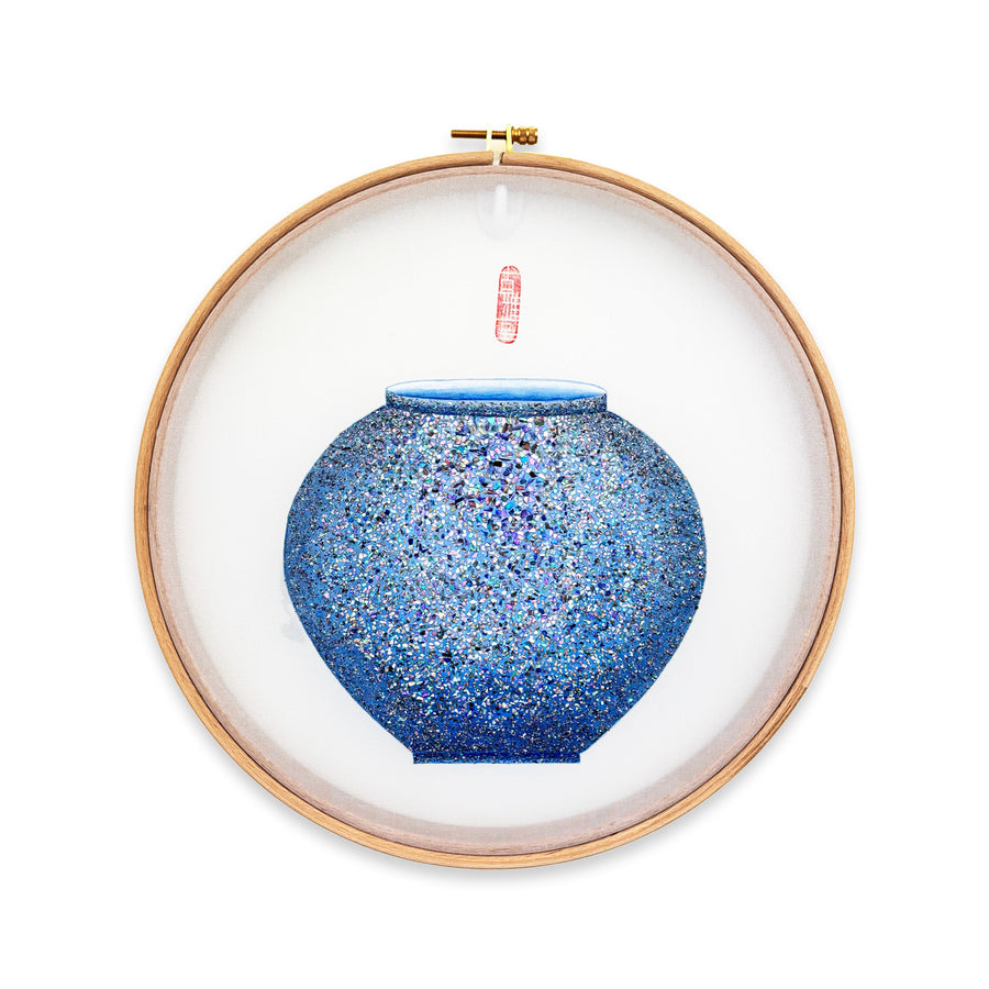 Moonlight Vessel – Sparkling Blue Moon Jar Minhwa on Silk with Wood Frame(11-inches)