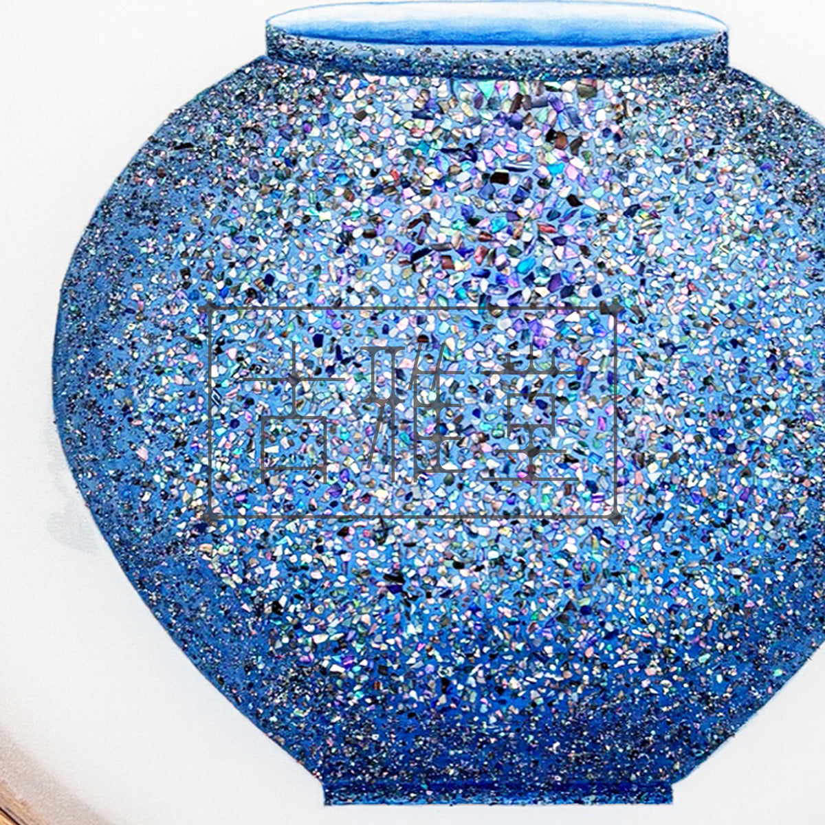 Moonlight Vessel – Sparkling Blue Moon Jar Minhwa on Silk with Wood Frame(11-inches)