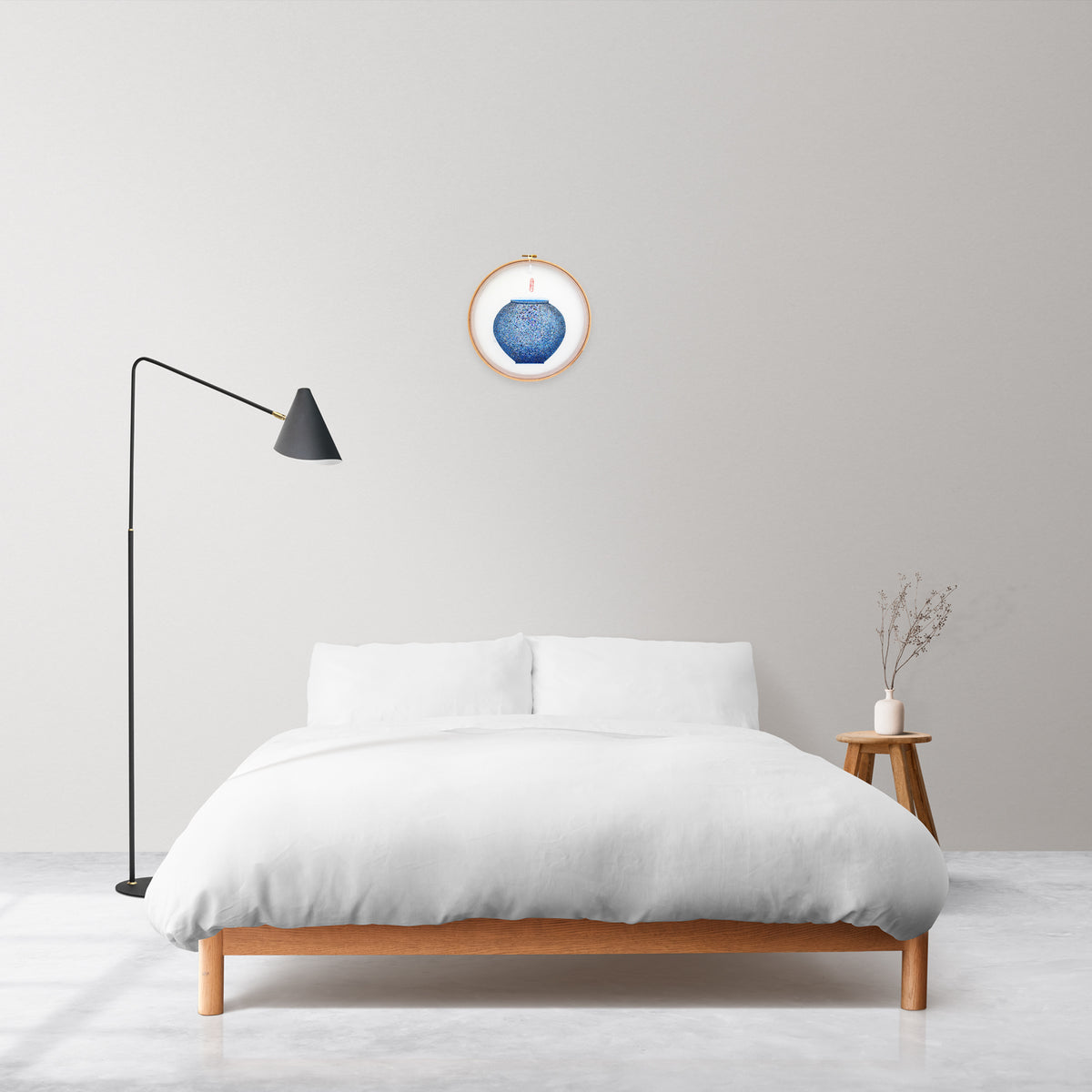Moonlight Vessel – Sparkling Blue Moon Jar Minhwa on Silk with Wood Frame(11-inches)