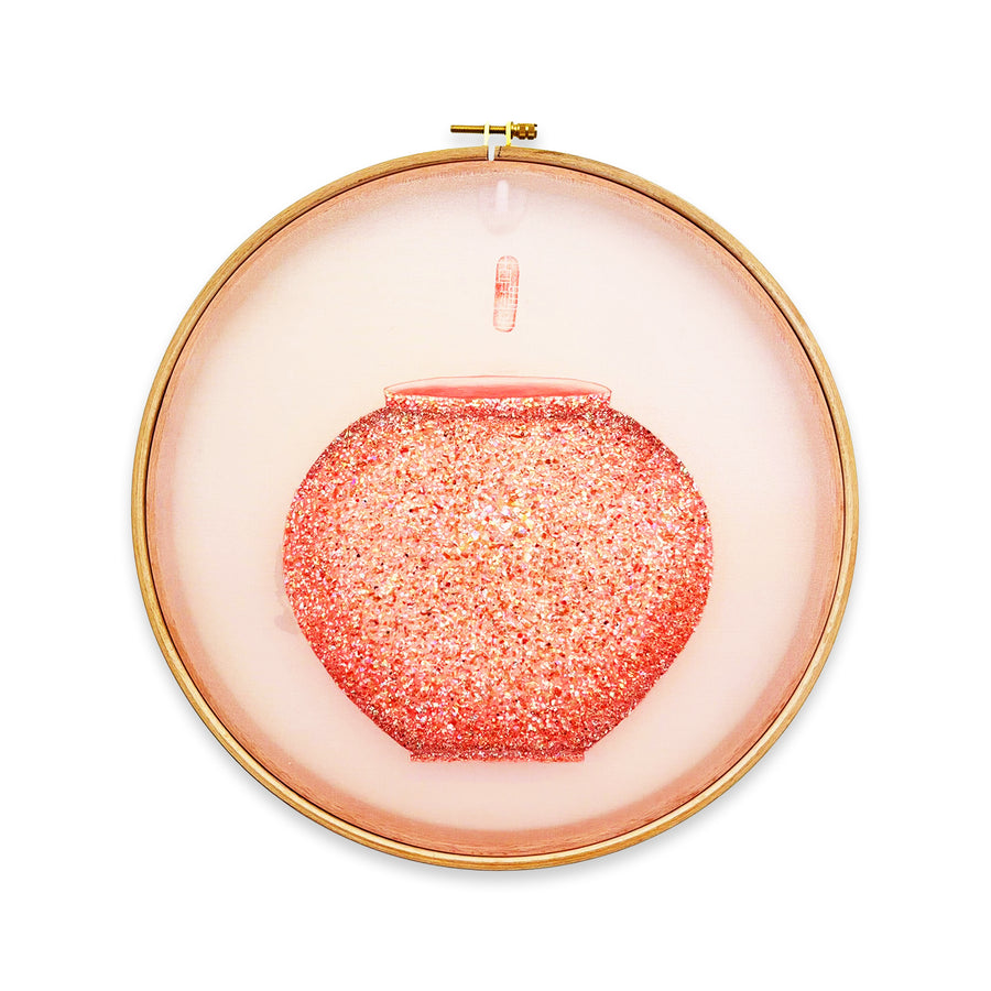 Moonlight Vessel – Pink Sparkle Jar Minhwa on Silk with Wood Frame(11-inches)