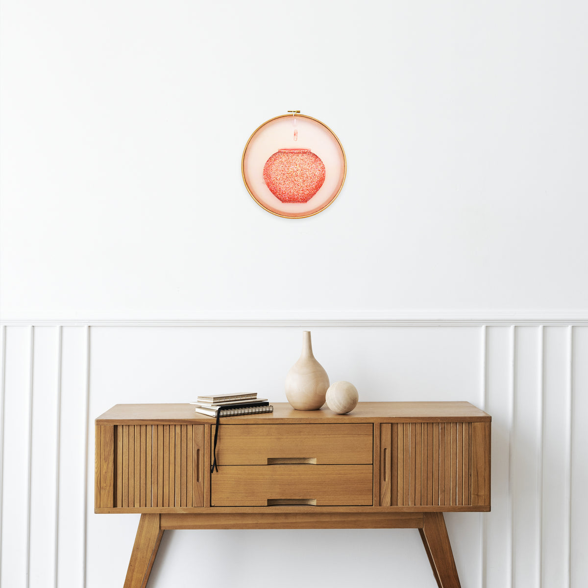 Moonlight Vessel – Pink Sparkle Jar Minhwa on Silk with Wood Frame(11-inches)