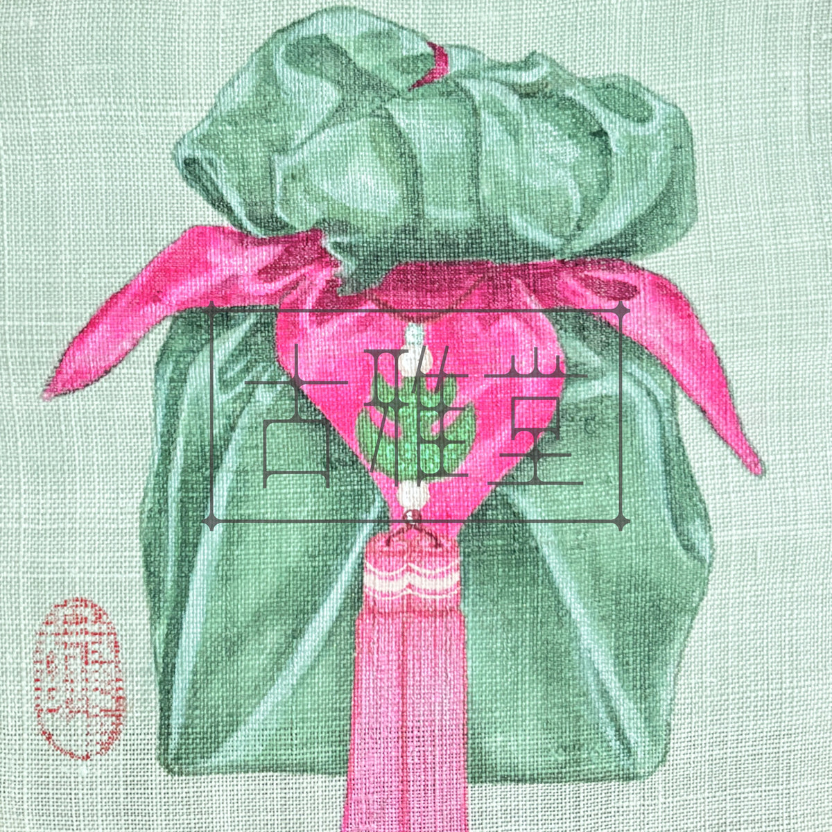 Handmade Korean Lucky Pouch Minhwa  Painting | Bojagi Gift Wrapping Art | Bamboo Frame Wall Decor | Traditional Korean Folk Art(8-inches)