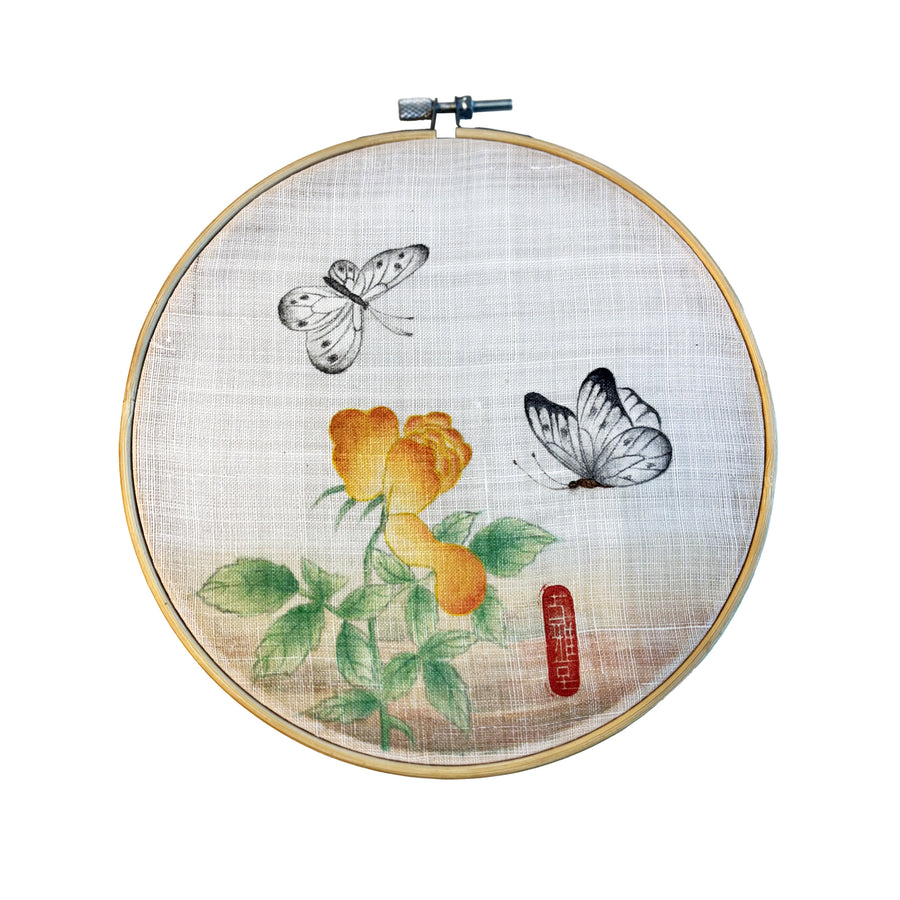 Handmade Korean Butterfly & Flower Art | Bamboo Hoop Frame | Traditional Minhwa  Painting | Natural Pigment Wall Decor(8-inches)