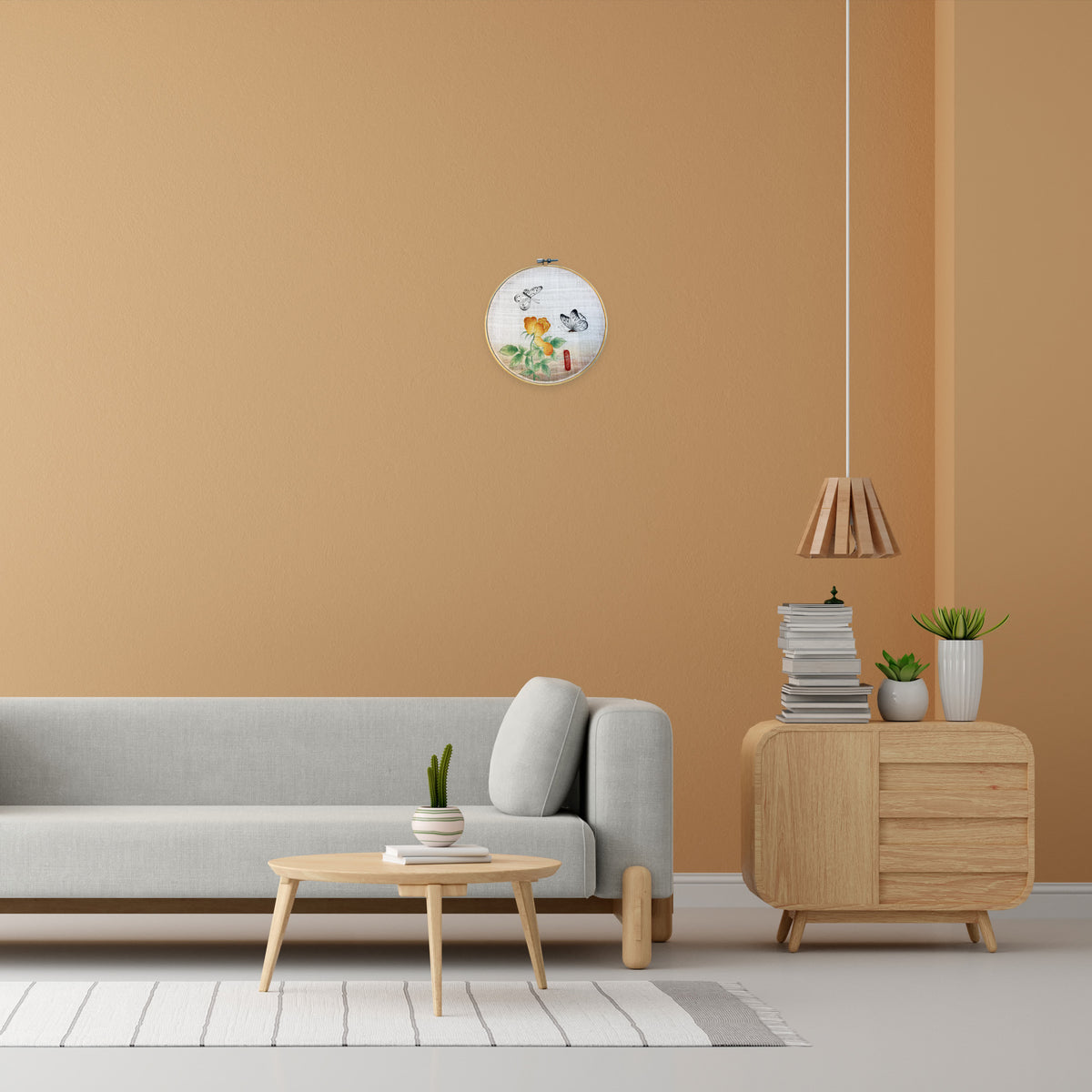 Handmade Korean Butterfly & Flower Art | Bamboo Hoop Frame | Traditional Minhwa  Painting | Natural Pigment Wall Decor(8-inches)