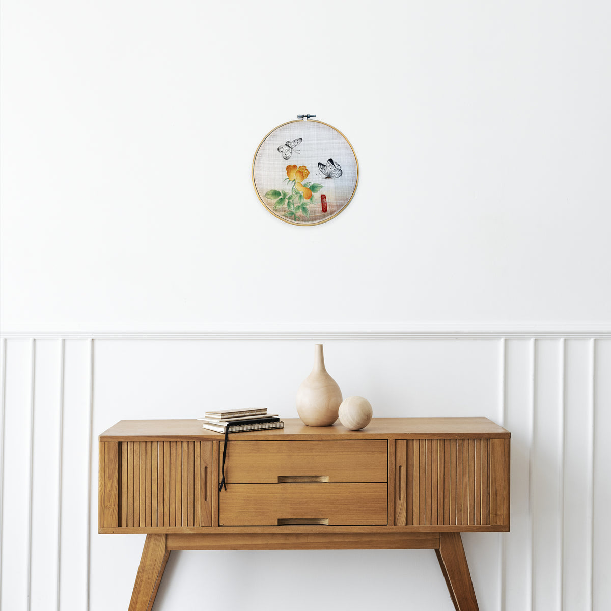 Handmade Korean Butterfly & Flower Art | Bamboo Hoop Frame | Traditional Minhwa  Painting | Natural Pigment Wall Decor(8-inches)