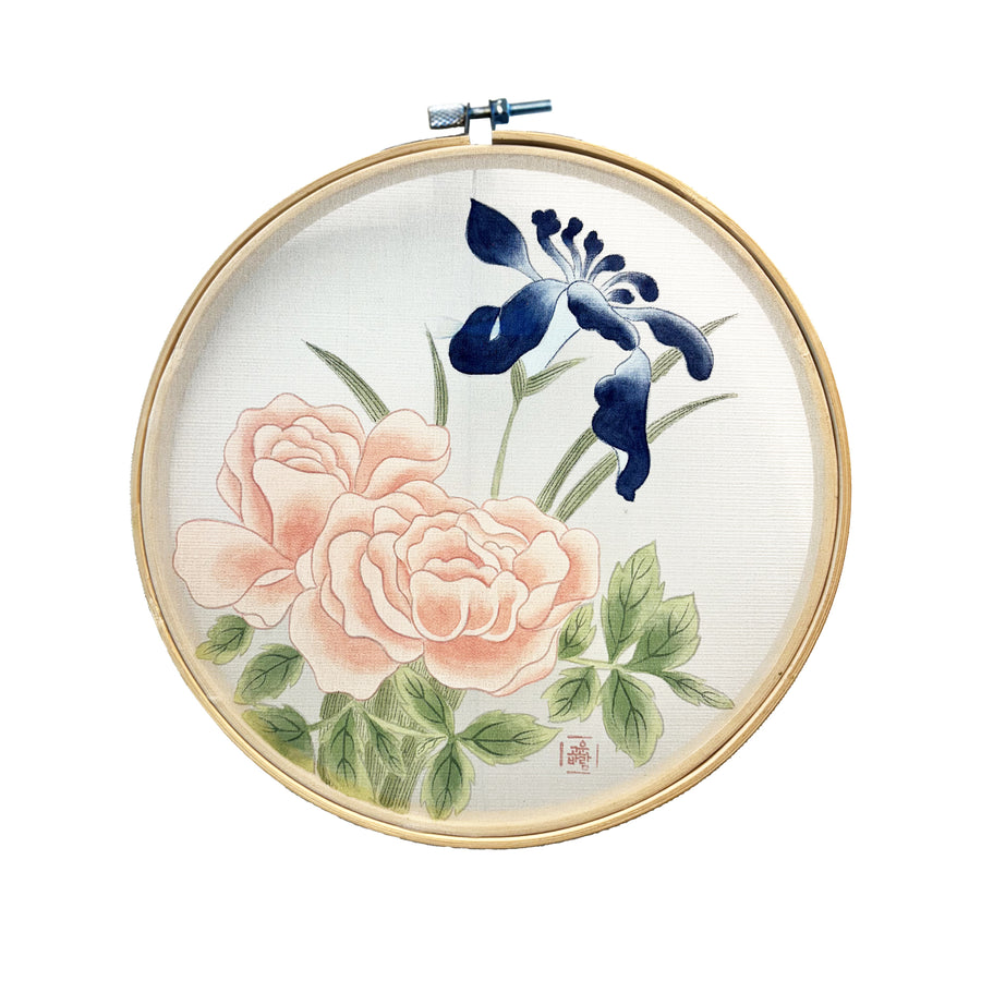 Handmade Korean Peony & Iris Silk Art | Bamboo Hoop Frame | Traditional Minhwa Floral Painting | Natural Pigment Wall Decor(8-inches)