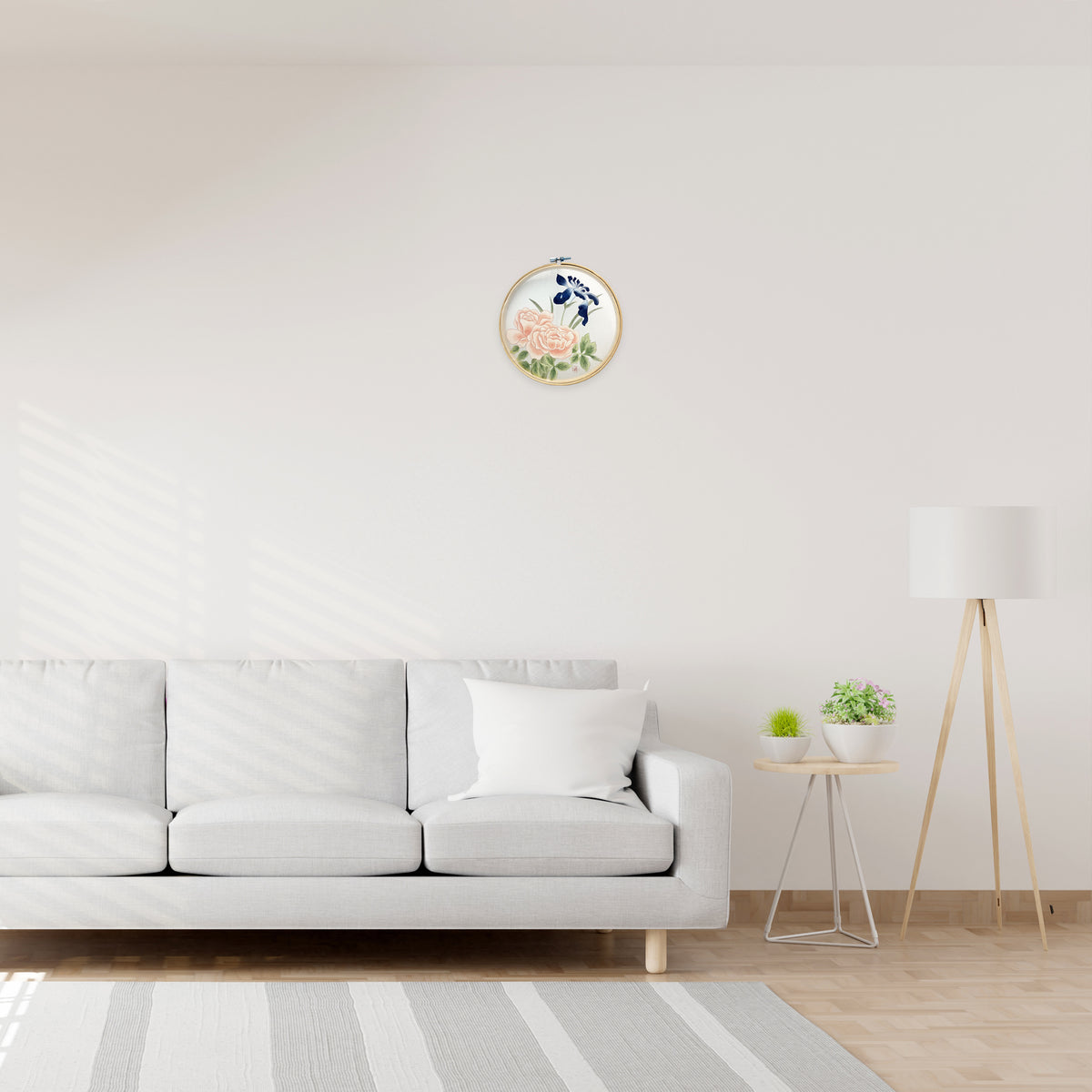 Handmade Korean Peony & Iris Silk Art | Bamboo Hoop Frame | Traditional Minhwa Floral Painting | Natural Pigment Wall Decor(8-inches)