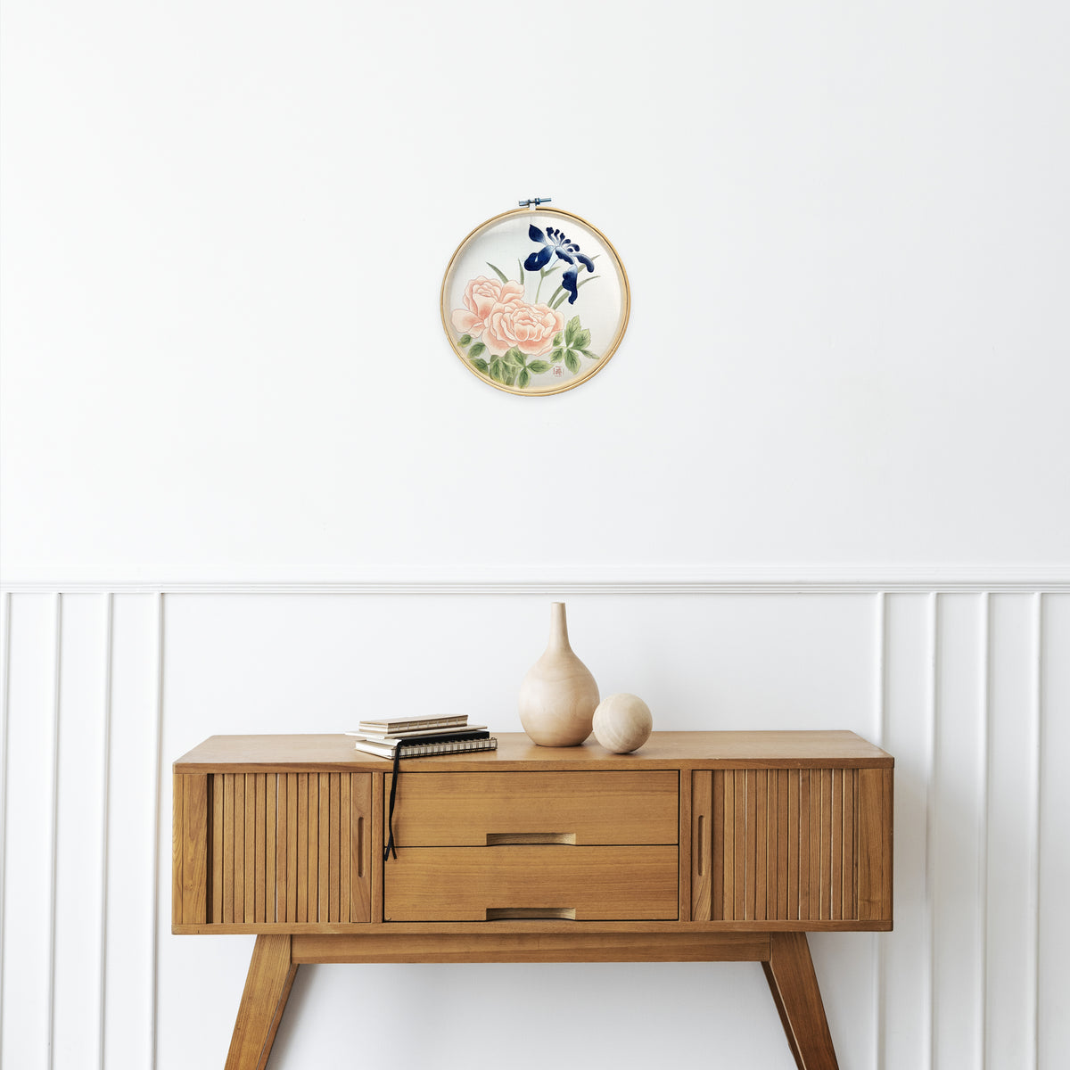 Handmade Korean Peony & Iris Silk Art | Bamboo Hoop Frame | Traditional Minhwa Floral Painting | Natural Pigment Wall Decor(8-inches)