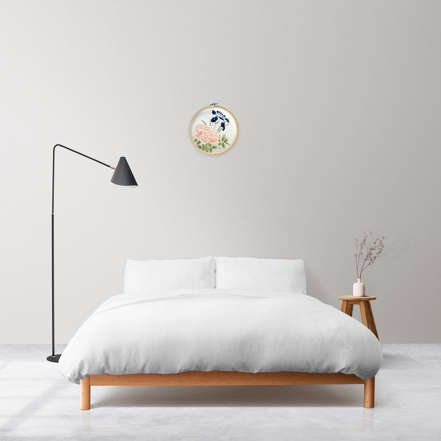 Handmade Korean Peony & Iris Silk Art | Bamboo Hoop Frame | Traditional Minhwa Floral Painting | Natural Pigment Wall Decor(8-inches)