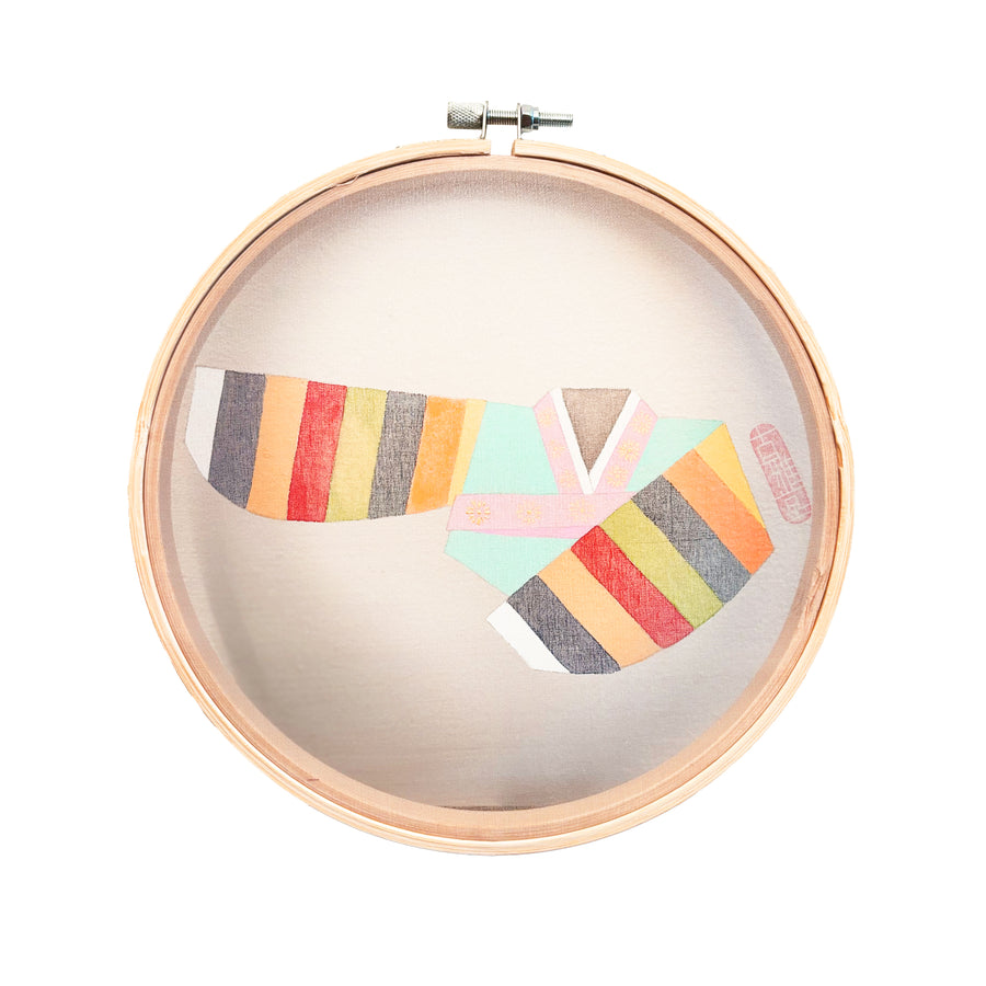 Handmade Korean Hanbok Silk Painting | Saekdong Jeogori Traditional Minhwa Art | Bamboo Hoop Frame Wall Hanging | Korean Cultural Decor(8-inches)