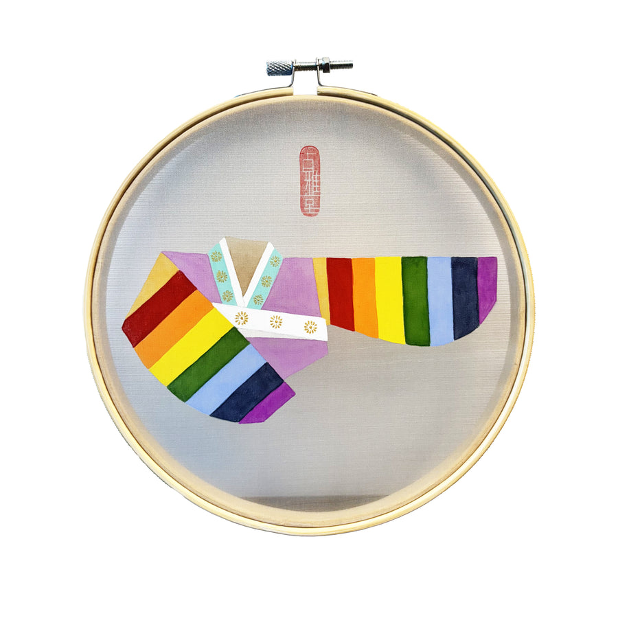 Rainbow Hanbok – Modern Minhwa Painting in Embroidery Hoop Frame(8-inches)