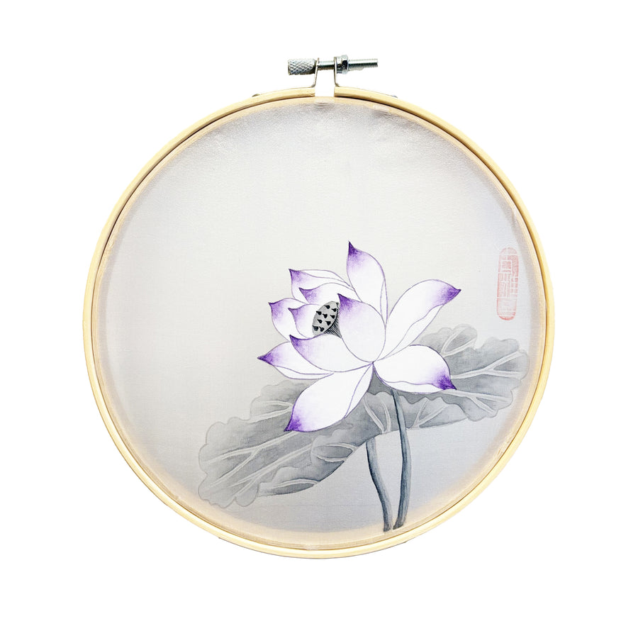Handmade Korean Lotus Minhwa Silk Painting | Bamboo Frame Wall Art | Traditional Korean Folk Decor | Meditation & Zen Room Art(8-inches)