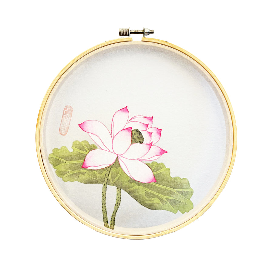 Handmade Korean Lotus Minhwa Silk Painting | Bamboo Frame Wall Art | Traditional Korean Folk Decor | Meditation & Zen Room Art(8-inches)