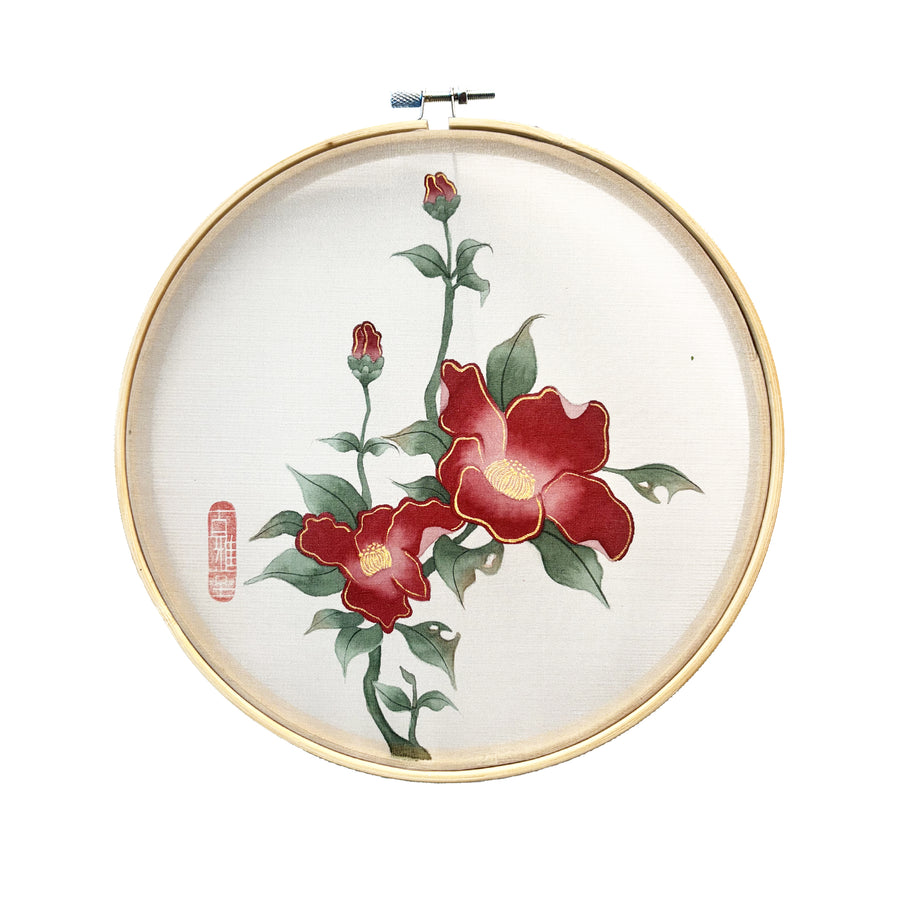 Handmade Korean Red Camellia Silk Painting | Bamboo Hoop Frame | Traditional Minhwa Floral Art | Natural Pigment Wall Decor(8-inches)