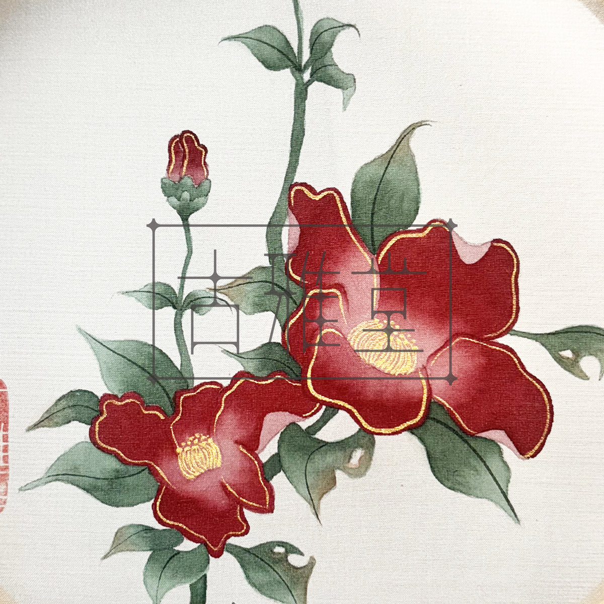 Handmade Korean Red Camellia Silk Painting | Bamboo Hoop Frame | Traditional Minhwa Floral Art | Natural Pigment Wall Decor(8-inches)