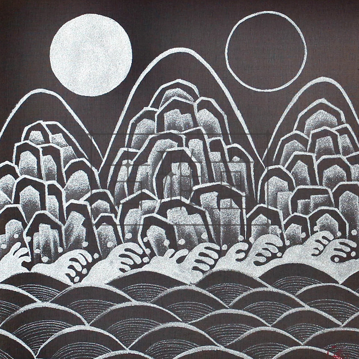 Handmade Korean Ilwol Obongdo | Monochrome Silk Wall Art | Traditional Five Peaks Minhwa | 9x9 Inch Natural Pigment Decor