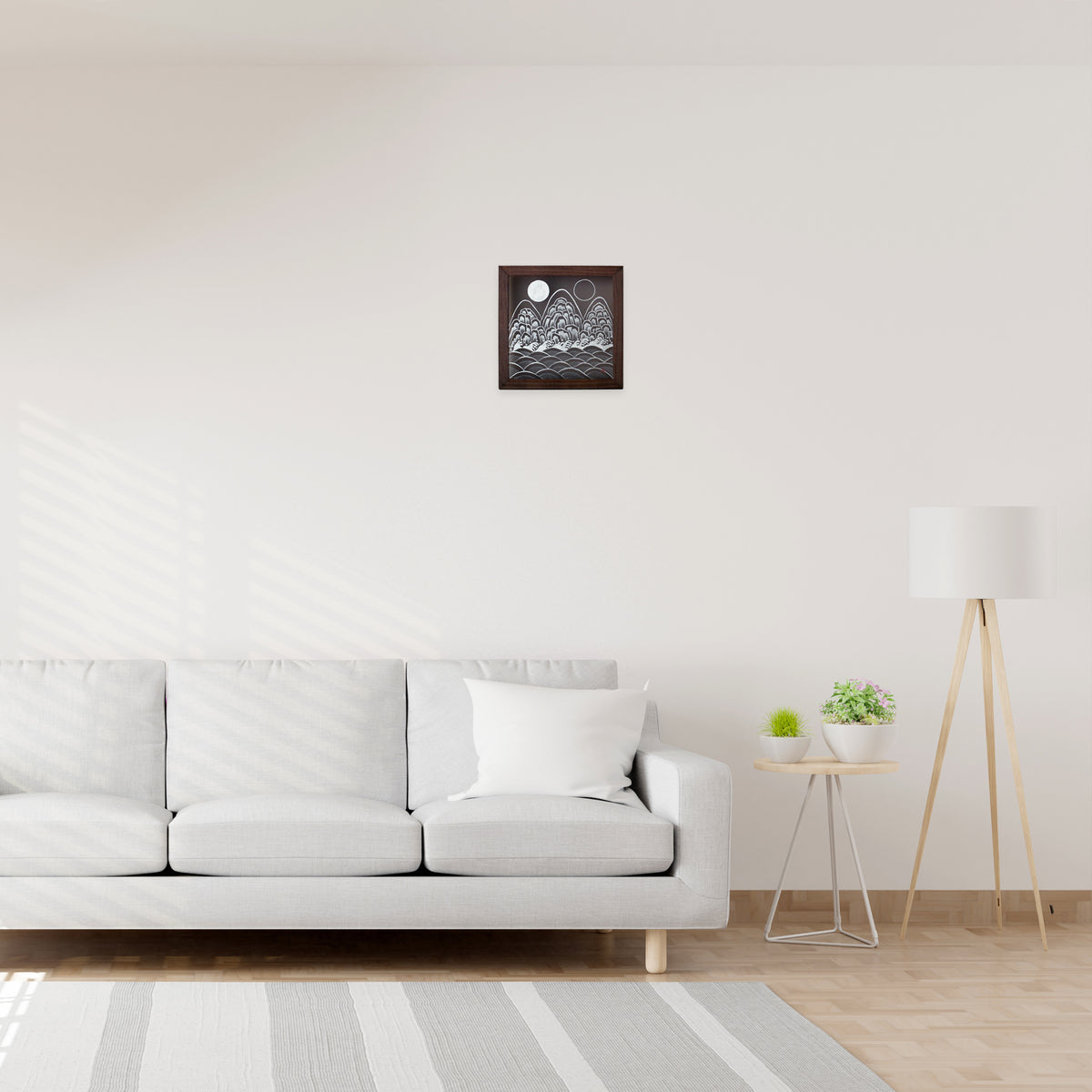 Handmade Korean Ilwol Obongdo | Monochrome Silk Wall Art | Traditional Five Peaks Minhwa | 9x9 Inch Natural Pigment Decor