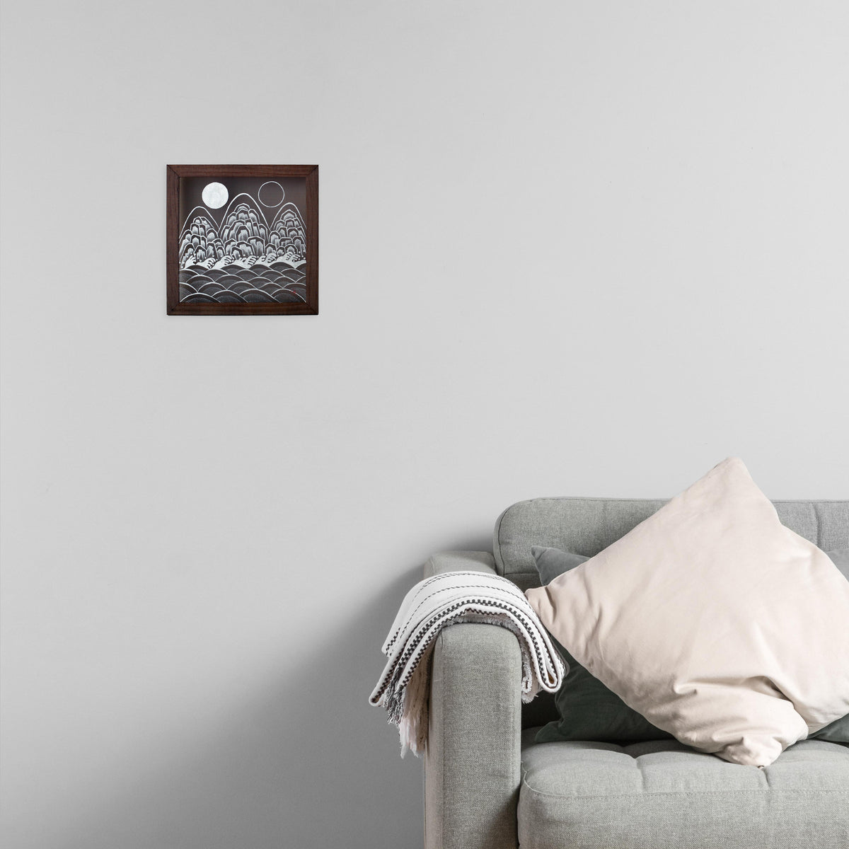 Handmade Korean Ilwol Obongdo | Monochrome Silk Wall Art | Traditional Five Peaks Minhwa | 9x9 Inch Natural Pigment Decor