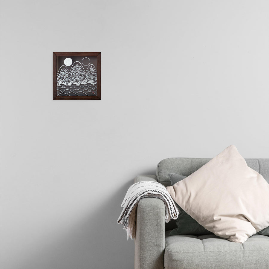Handmade Korean Ilwol Obongdo | Monochrome Silk Wall Art | Traditional Five Peaks Minhwa | 9x9 Inch Natural Pigment Decor