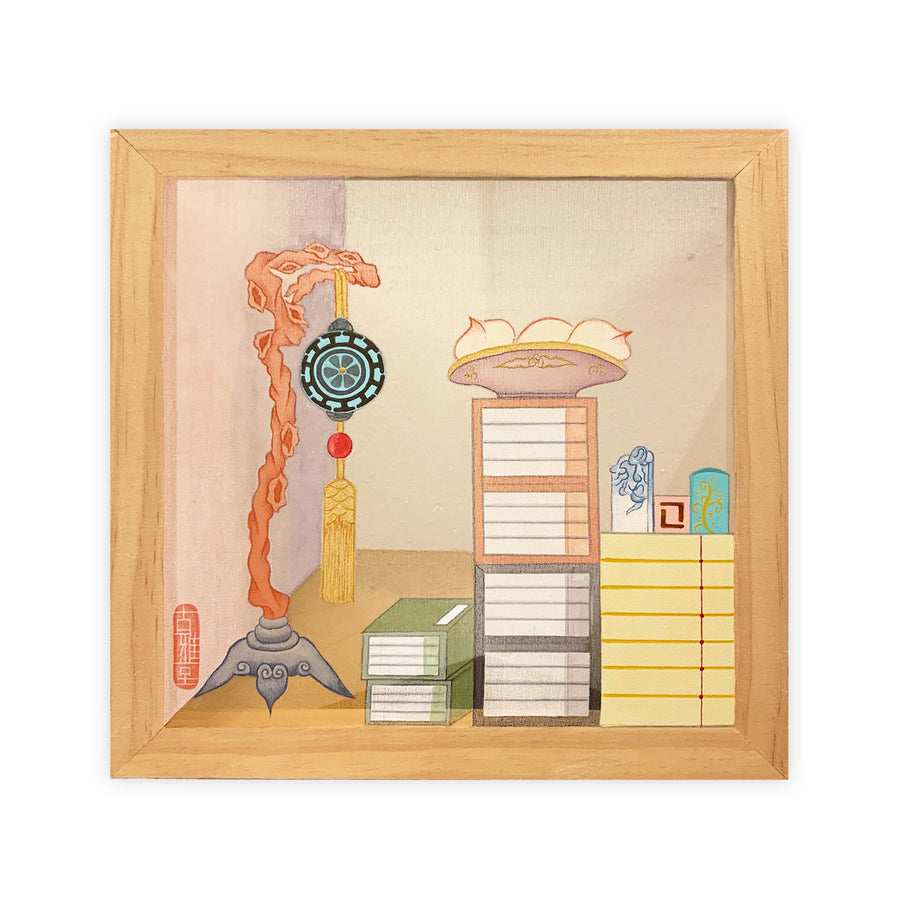 Wisdom & Serenity – Korean Minhwa Painting of a Scholar’s Study (Hand-painted on Silk)