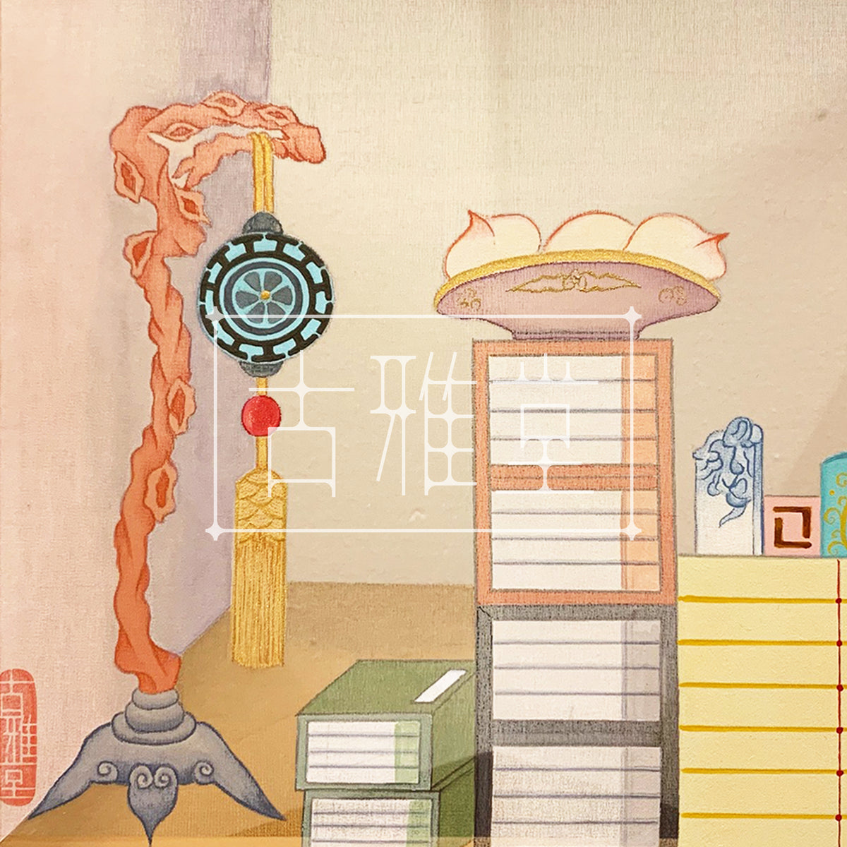 Wisdom & Serenity – Korean Minhwa Painting of a Scholar’s Study (Hand-painted on Silk)