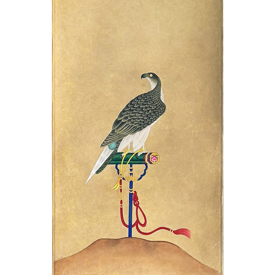 Hawk on a Perch – Korean traditional silk scroll (Gaeungdo)
